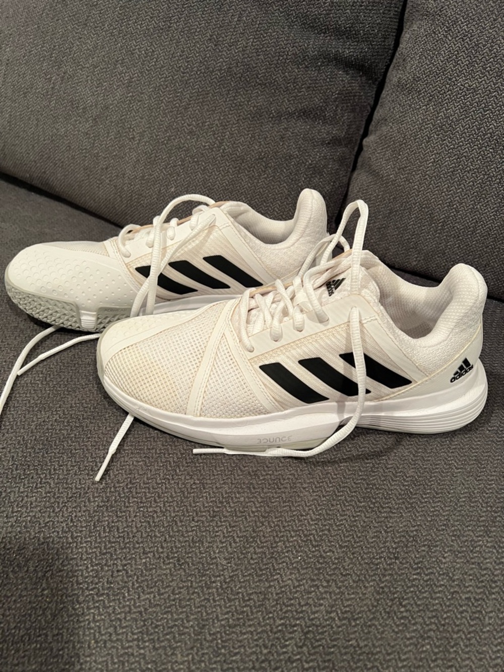 adidas White Athletic Shoes with Black Stripes